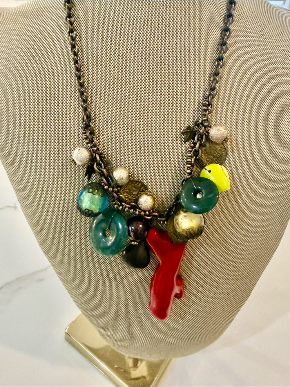 Vintage Bold Multicolor Statement Necklace with Red Coral Pendant